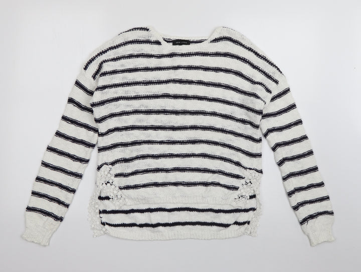 New Look Womens White Round Neck Striped Cotton Pullover Jumper Size 8