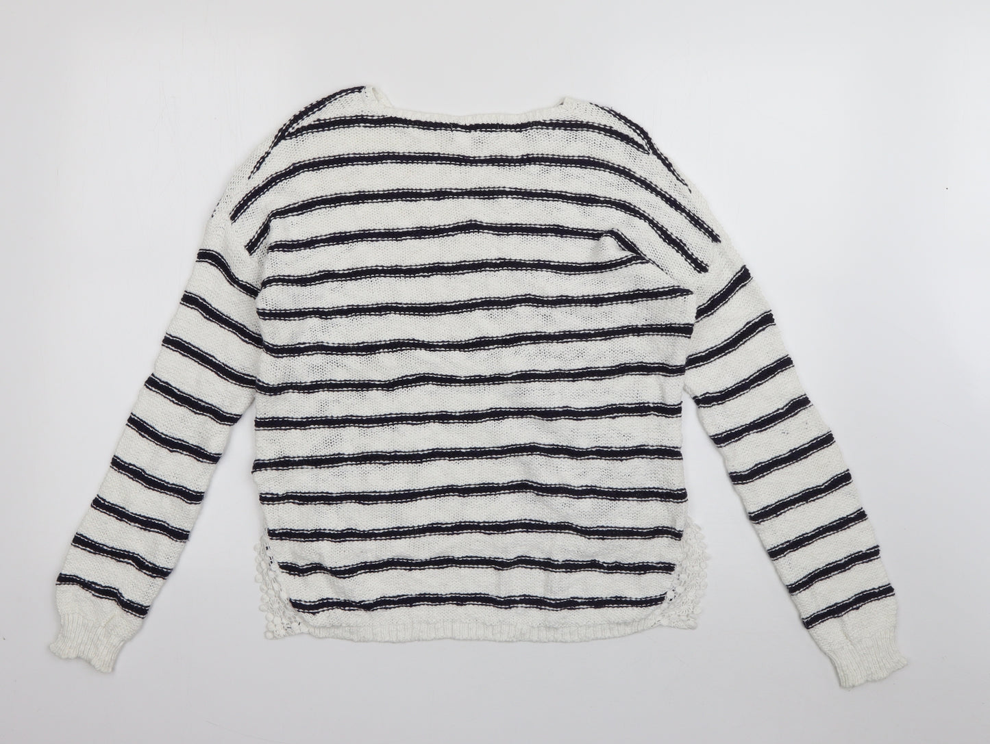 New Look Womens White Round Neck Striped Cotton Pullover Jumper Size 8