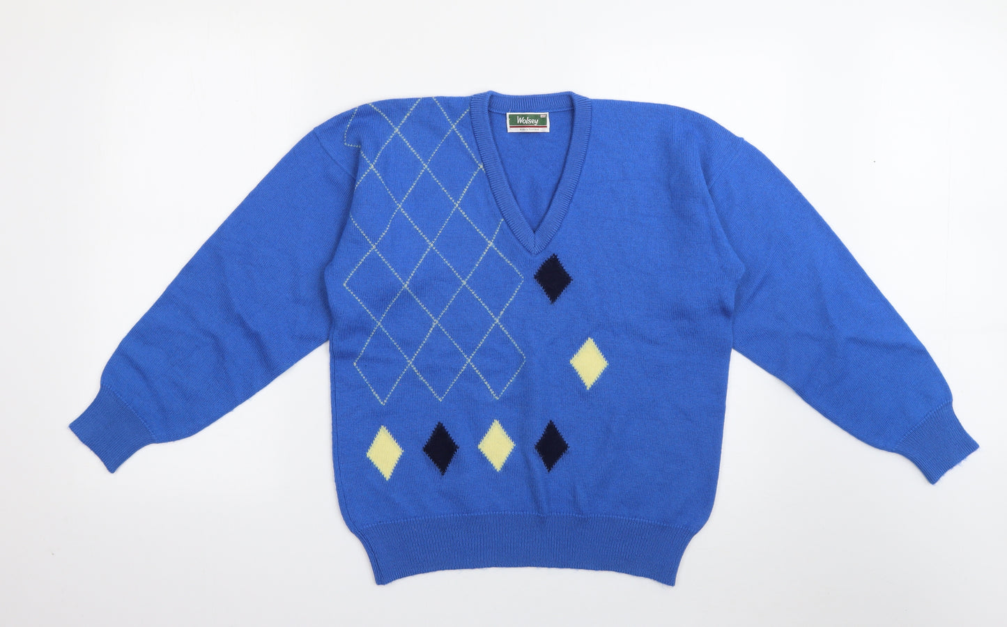 Wolsey Mens Blue V-Neck Argyle/Diamond Wool Pullover Jumper Size L
