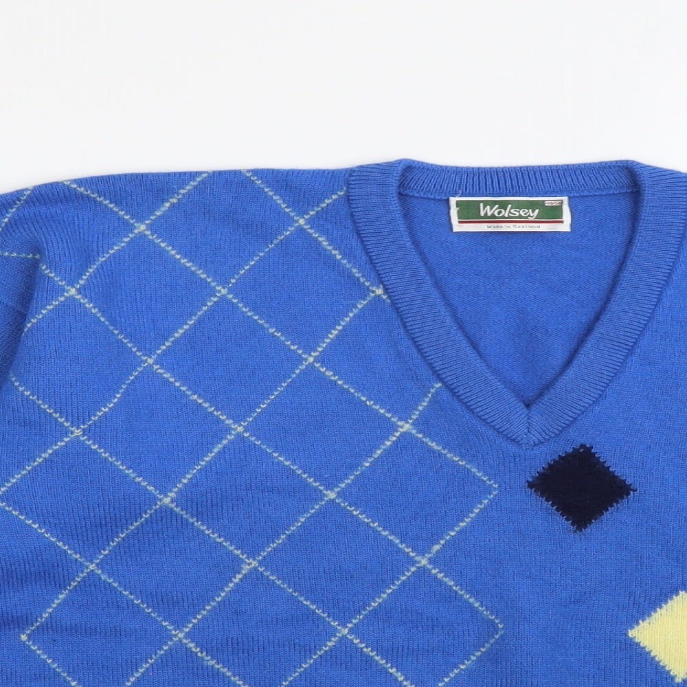 Wolsey Mens Blue V-Neck Argyle/Diamond Wool Pullover Jumper Size L