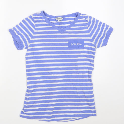 SoulCal & Co Womens Blue Striped 100% Cotton Basic T-Shirt Size 10 V-Neck