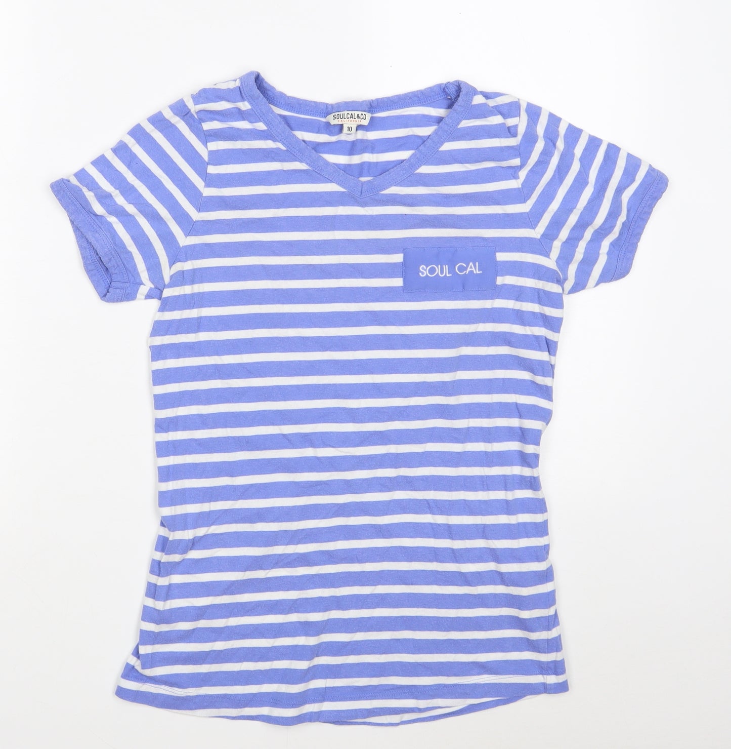 SoulCal & Co Womens Blue Striped 100% Cotton Basic T-Shirt Size 10 V-Neck