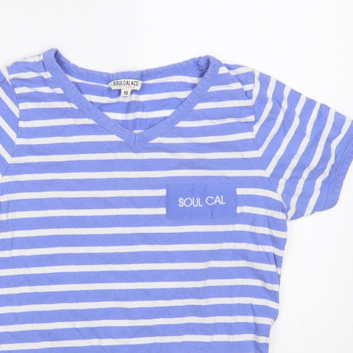 SoulCal & Co Womens Blue Striped 100% Cotton Basic T-Shirt Size 10 V-Neck