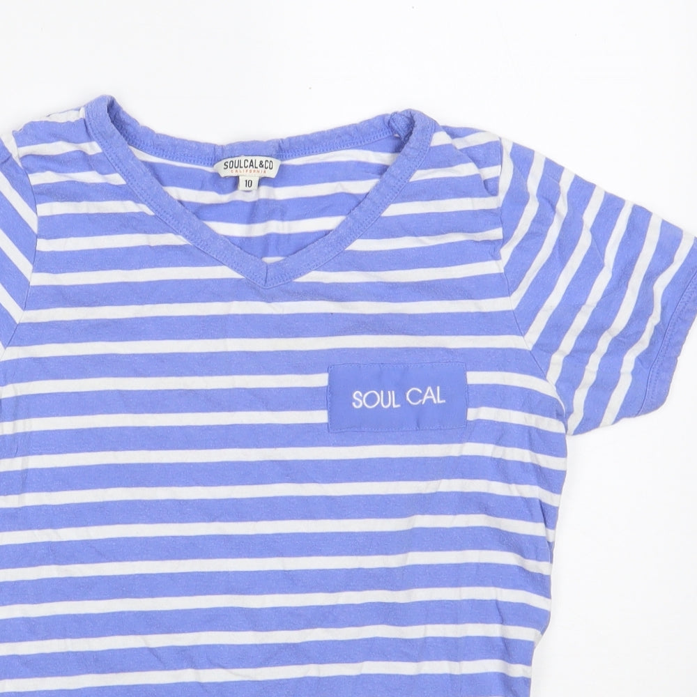 SoulCal & Co Womens Blue Striped 100% Cotton Basic T-Shirt Size 10 V-Neck