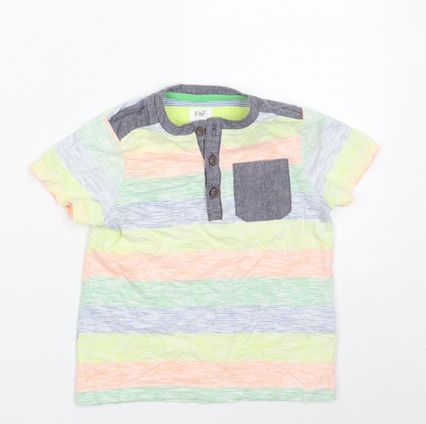 F&F Boys Multicoloured Striped 100% Cotton Pullover T-Shirt Size 2-3 Years Round Neck Button