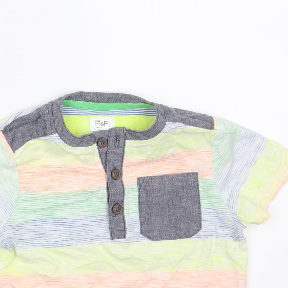 F&F Boys Multicoloured Striped 100% Cotton Pullover T-Shirt Size 2-3 Years Round Neck Button