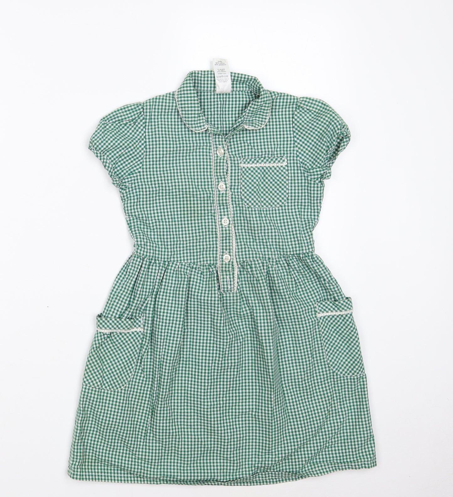 F&F Girls Green Check Cotton A-Line  Size 6-7 Years  Collared Button