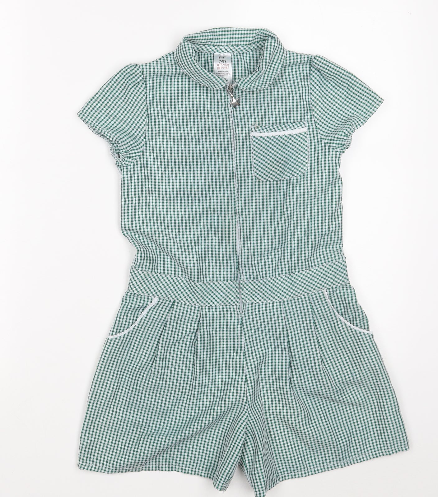 F&F Girls Green Check Polyester Shirt Dress  Size 7-8 Years  Collared Zip - School Dress