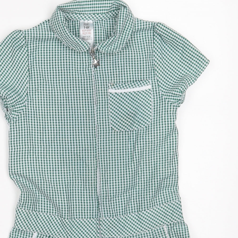 F&F Girls Green Check Polyester Shirt Dress  Size 7-8 Years  Collared Zip - School Dress