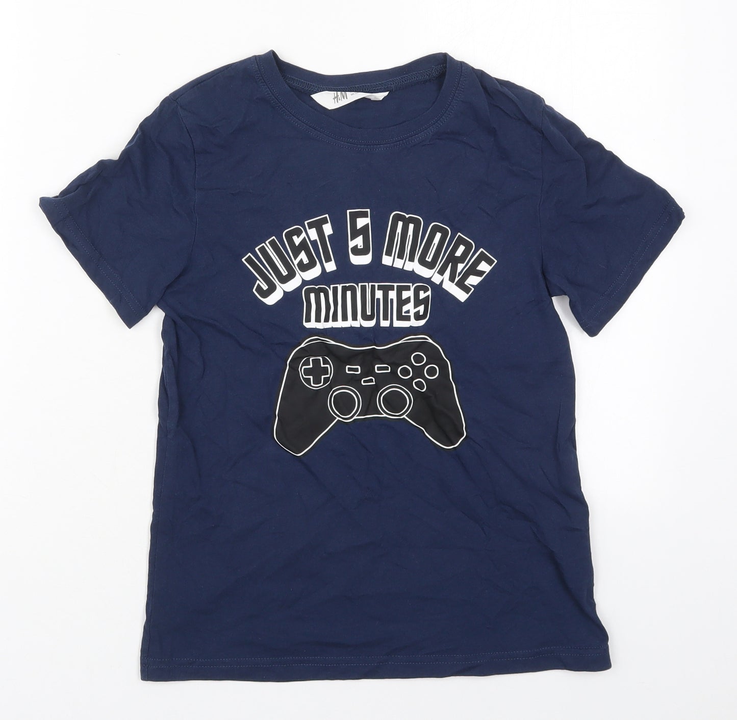 H&M Boys Blue  Cotton Basic T-Shirt Size 9-10 Years Crew Neck Pullover - Gaming Just 5 More Minutes