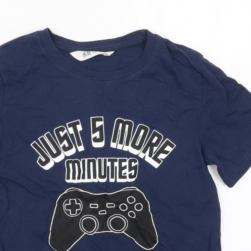 H&M Boys Blue  Cotton Basic T-Shirt Size 9-10 Years Crew Neck Pullover - Gaming Just 5 More Minutes