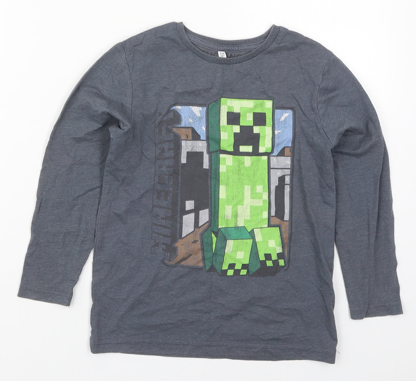 Marks and Spencer Boys Grey  Cotton Basic T-Shirt Size 5-6 Years Crew Neck Pullover - Minecraft