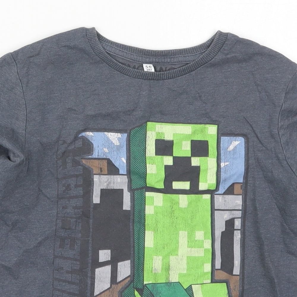 Marks and Spencer Boys Grey  Cotton Basic T-Shirt Size 5-6 Years Crew Neck Pullover - Minecraft