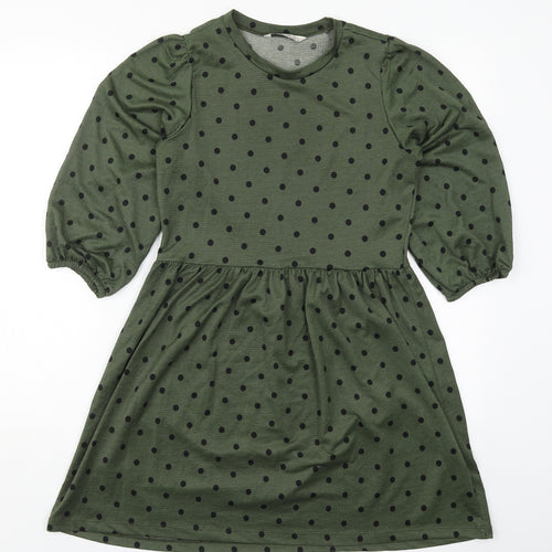 Stradivarius Womens Green Polka Dot Polyester Skater Dress  Size S  Crew Neck Pullover