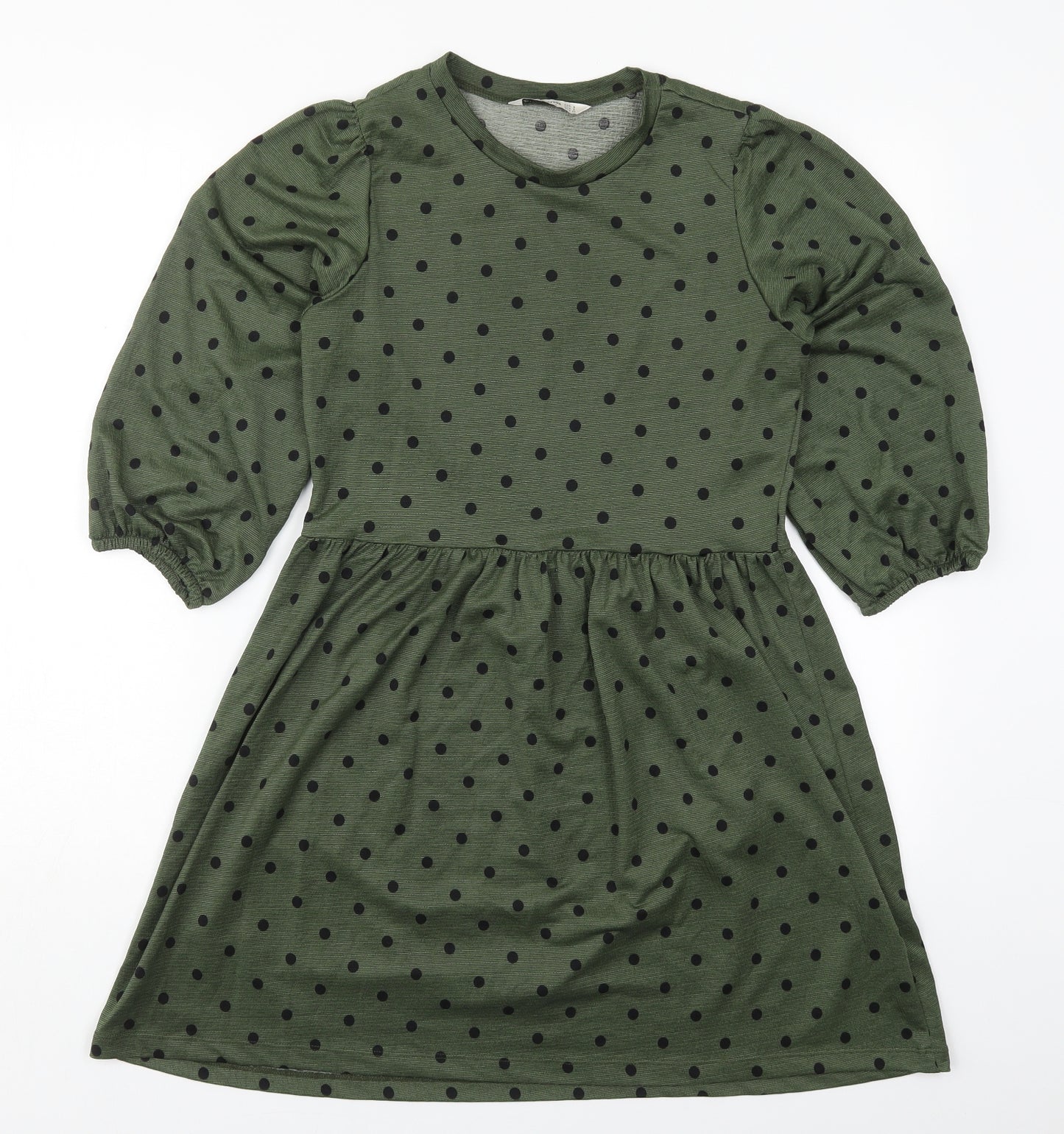 Stradivarius Womens Green Polka Dot Polyester Skater Dress  Size S  Crew Neck Pullover