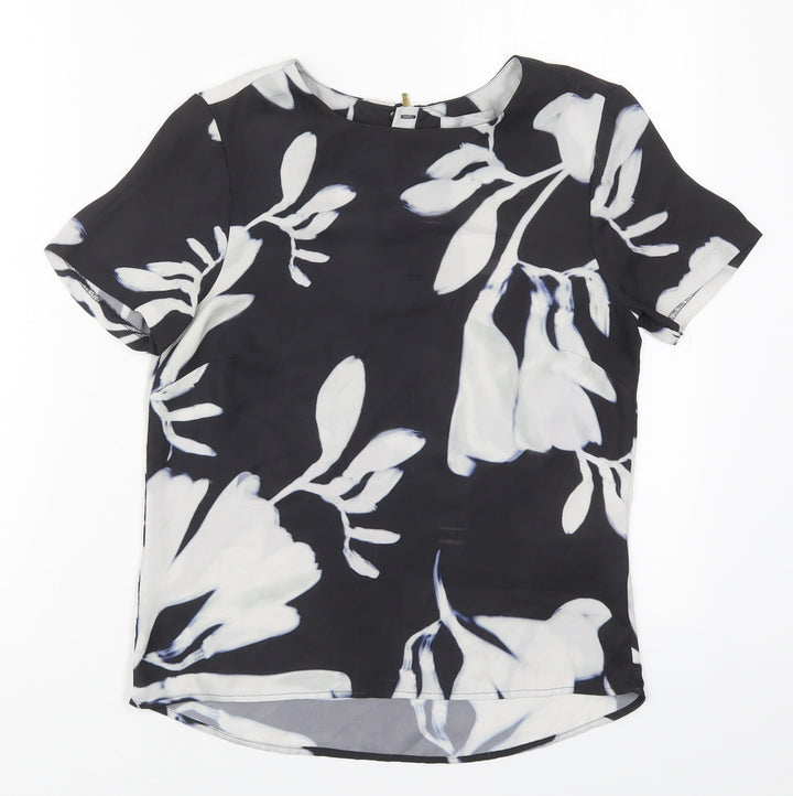 H&M Womens Black Floral Polyester Basic Blouse Size 6 Round Neck