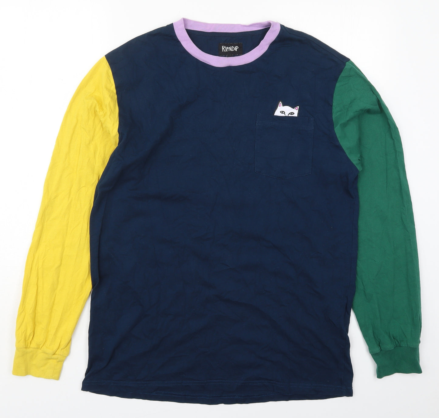 RIPNDIP Mens Blue Colourblock Cotton  T-Shirt Size L Crew Neck  - Middle Finger Cat Pocket