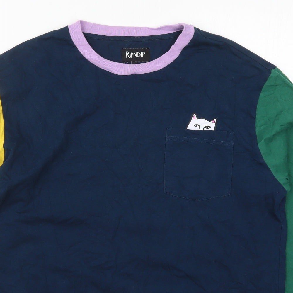 RIPNDIP Mens Blue Colourblock Cotton  T-Shirt Size L Crew Neck  - Middle Finger Cat Pocket
