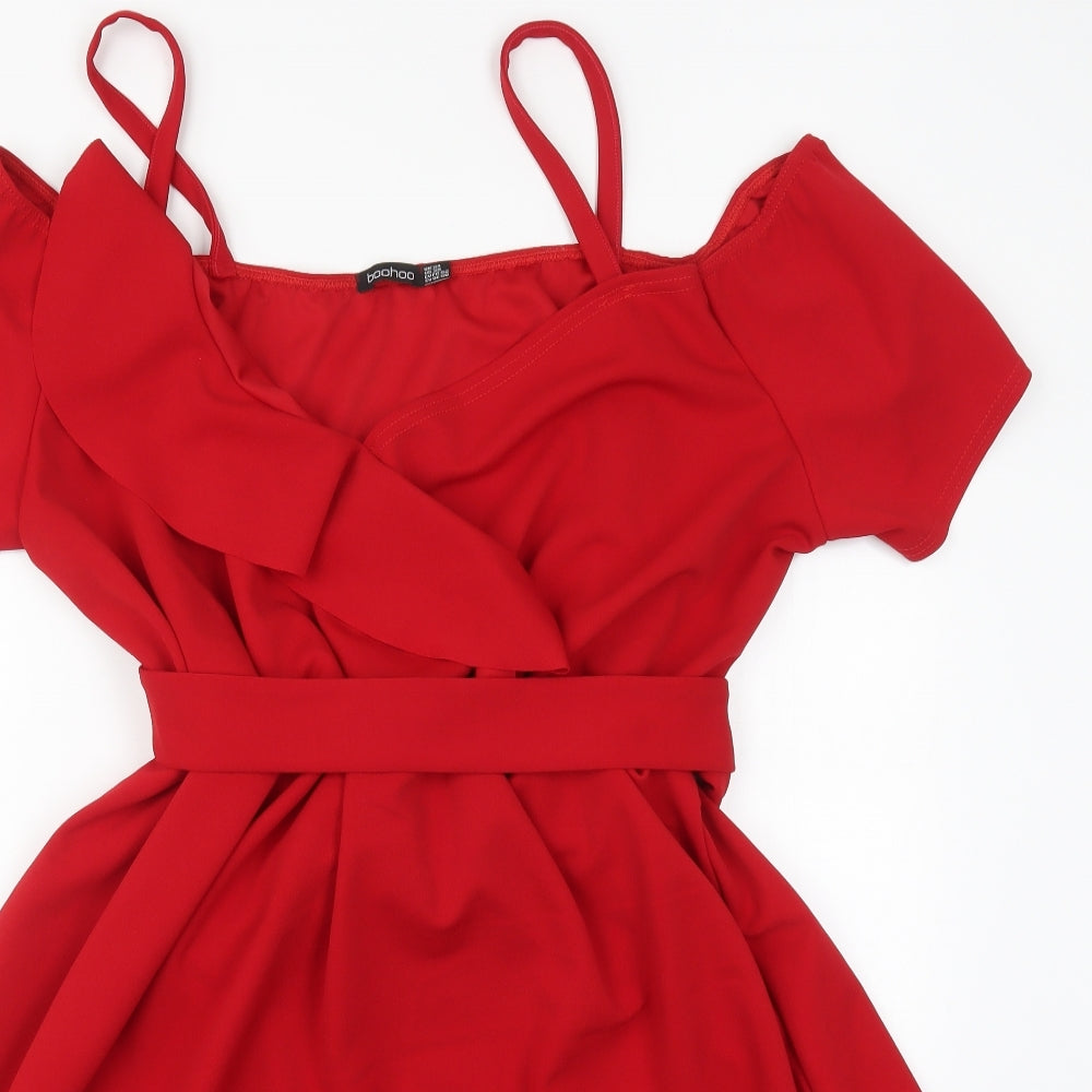 Boohoo Womens Red  Polyester Skater Dress  Size 24  V-Neck Pullover