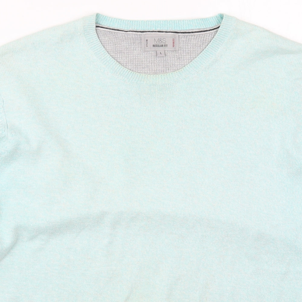 Marks and Spencer Mens Blue Round Neck  Cotton Pullover Jumper Size L