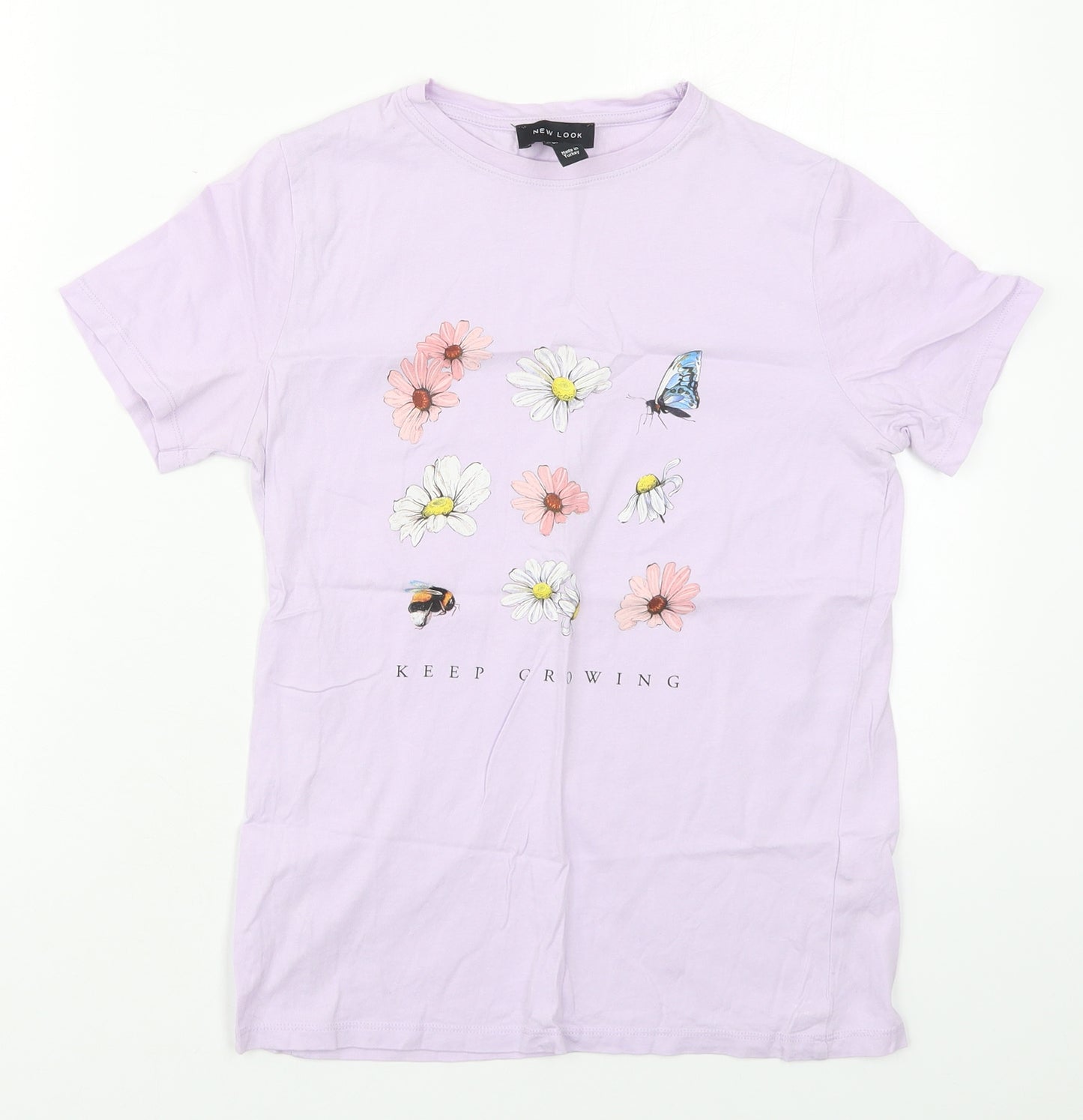 New Look Womens Purple  Cotton Basic T-Shirt Size 6 Crew Neck - Keep Growing Flowers