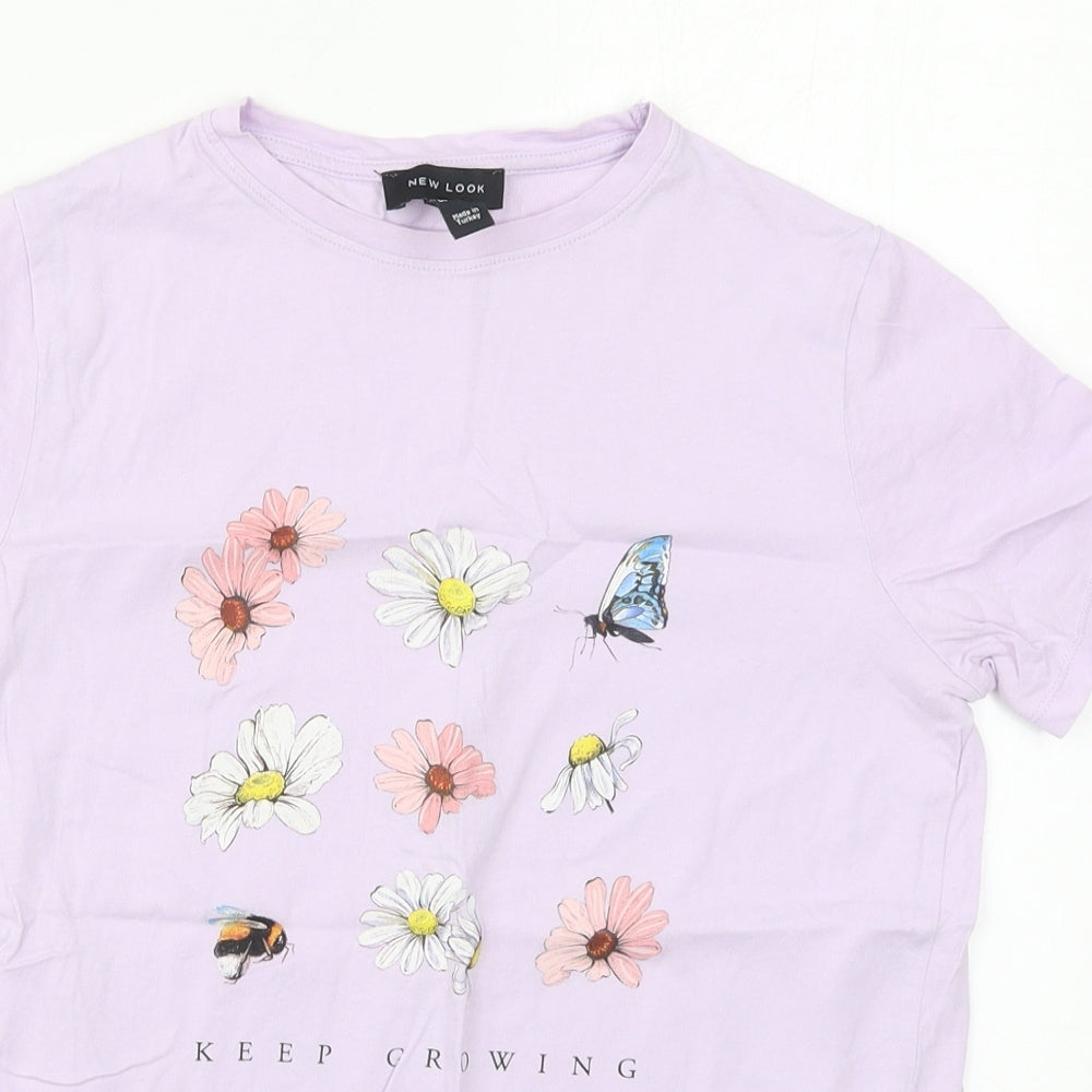 New Look Womens Purple  Cotton Basic T-Shirt Size 6 Crew Neck - Keep Growing Flowers