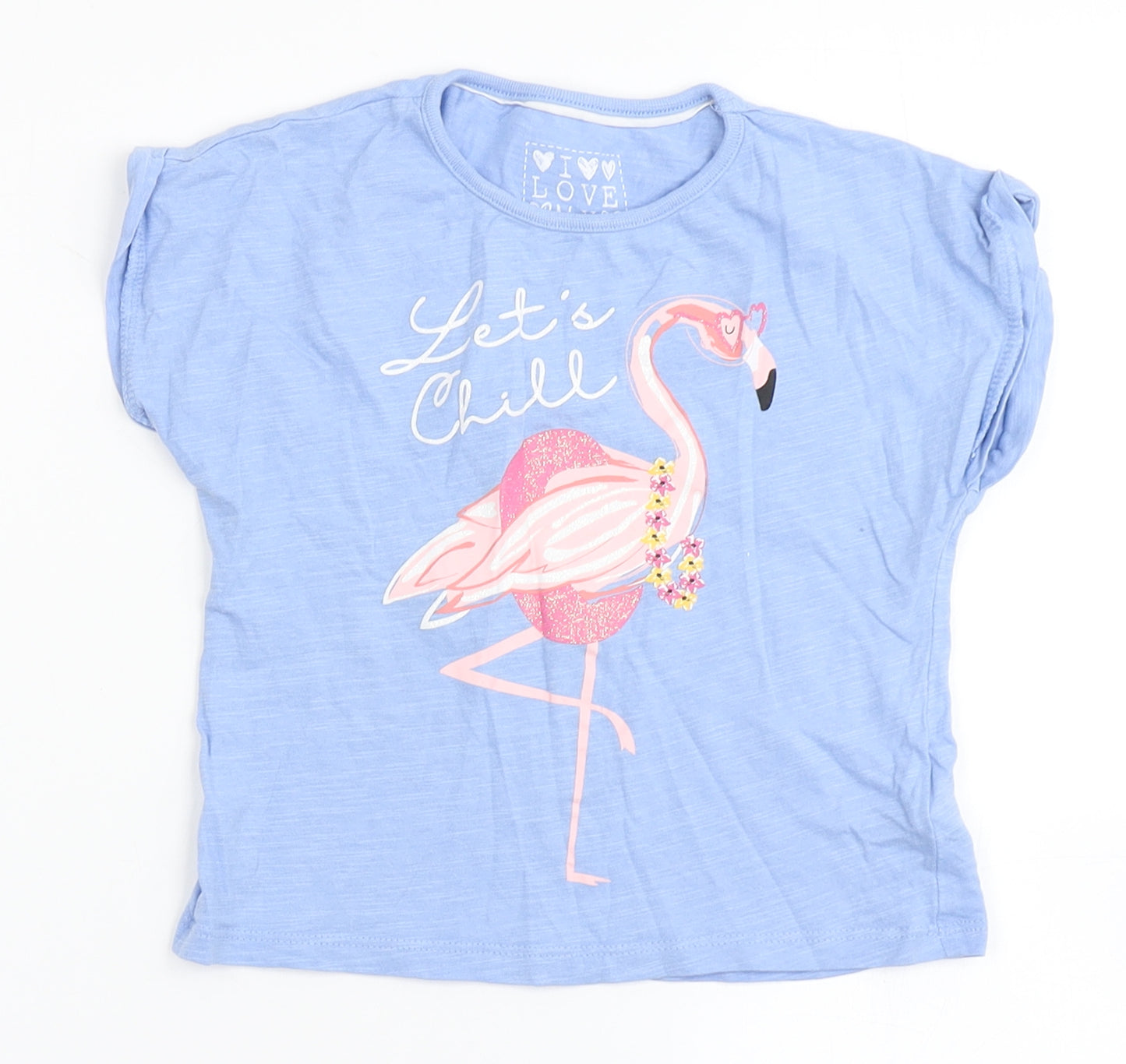 Dunnes Stores Girls Blue  Cotton Basic T-Shirt Size 4 Years Round Neck  - Flamingo
