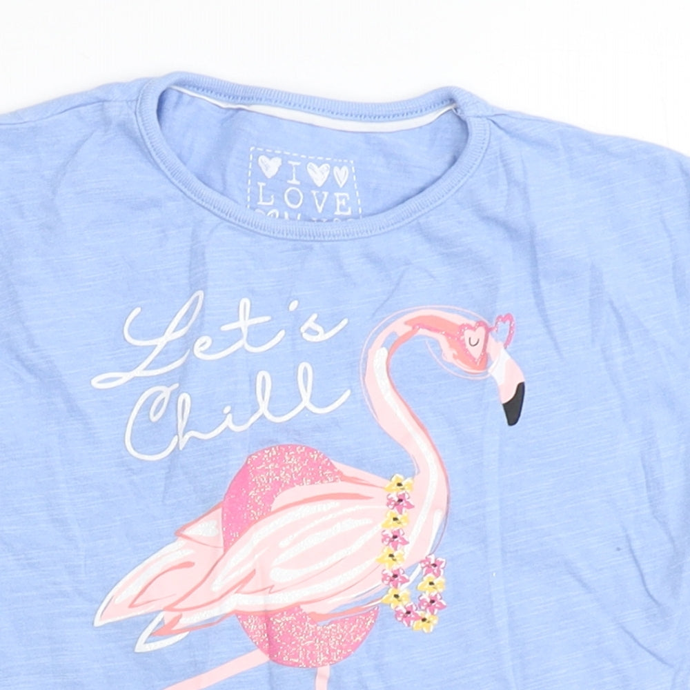 Dunnes Stores Girls Blue  Cotton Basic T-Shirt Size 4 Years Round Neck  - Flamingo