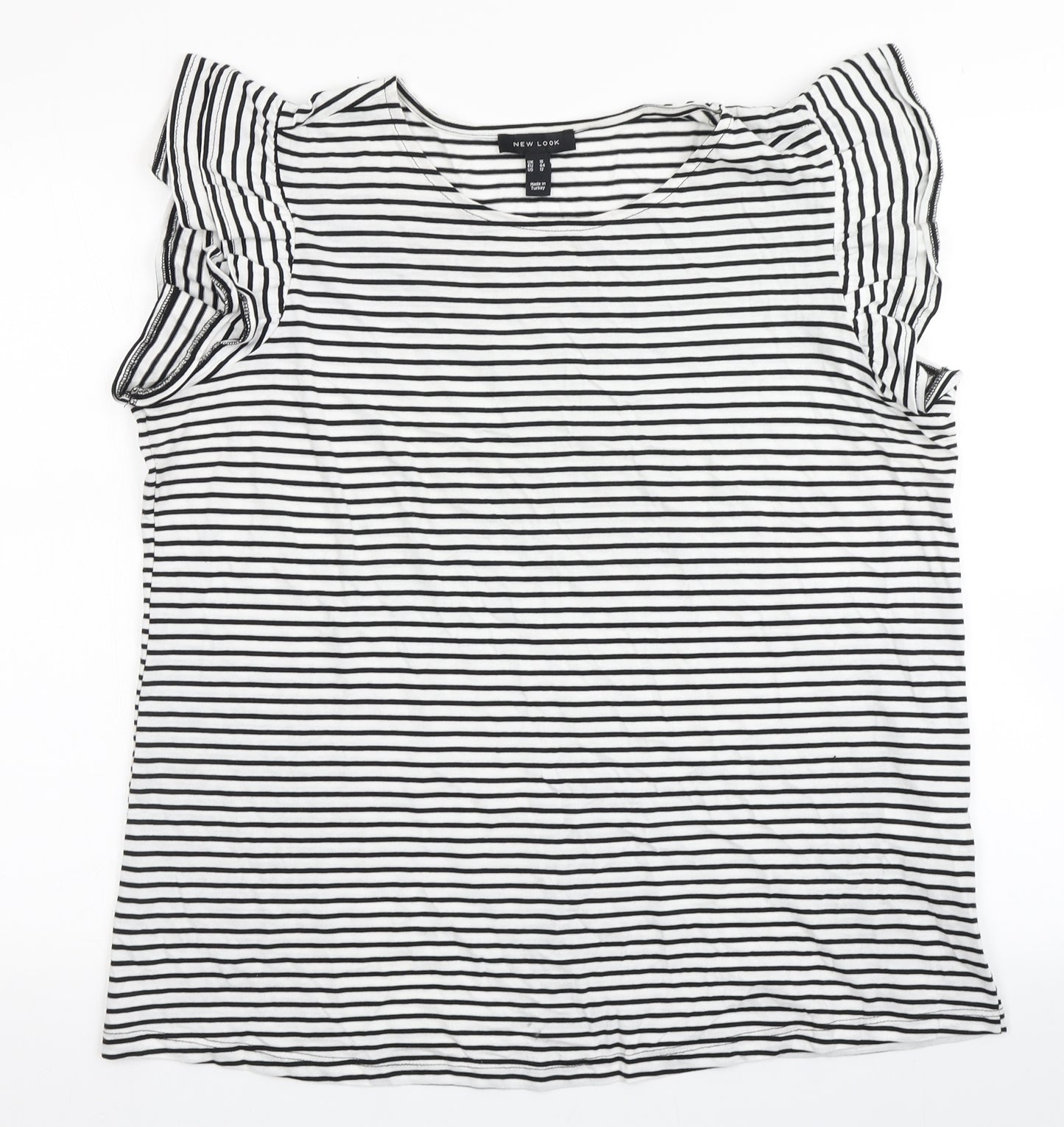New Look Womens White Striped 100% Cotton Basic T-Shirt Size 16 Round Neck