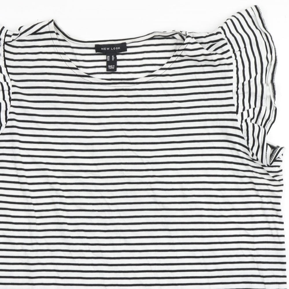 New Look Womens White Striped 100% Cotton Basic T-Shirt Size 16 Round Neck