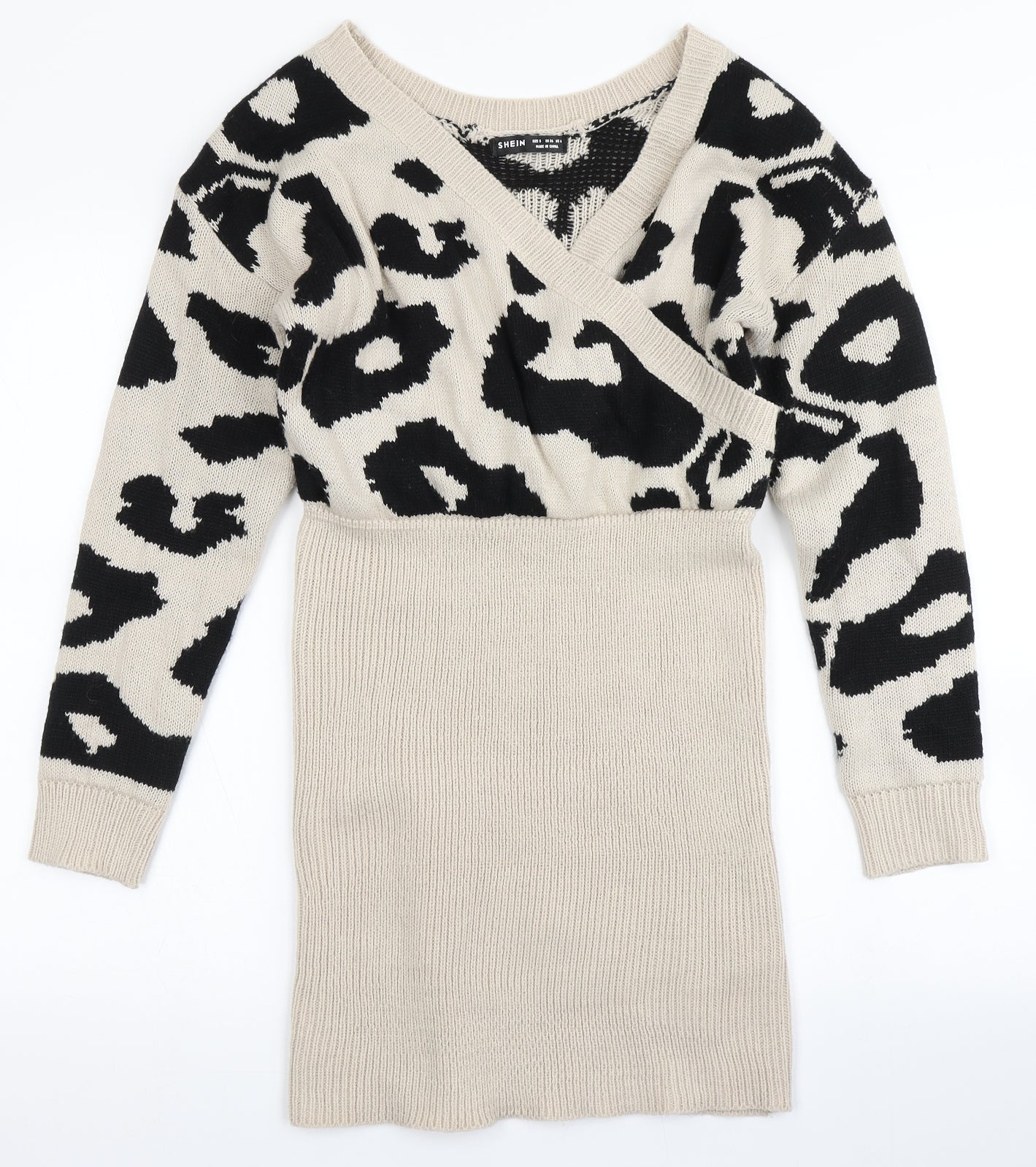 SheIn Womens Beige Animal Print Acrylic Jumper Dress  Size S  V-Neck