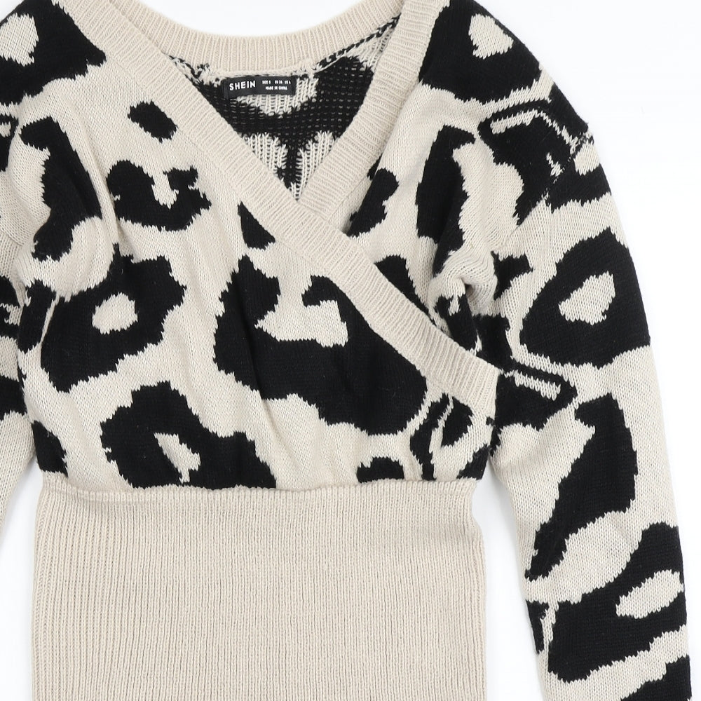 SheIn Womens Beige Animal Print Acrylic Jumper Dress  Size S  V-Neck