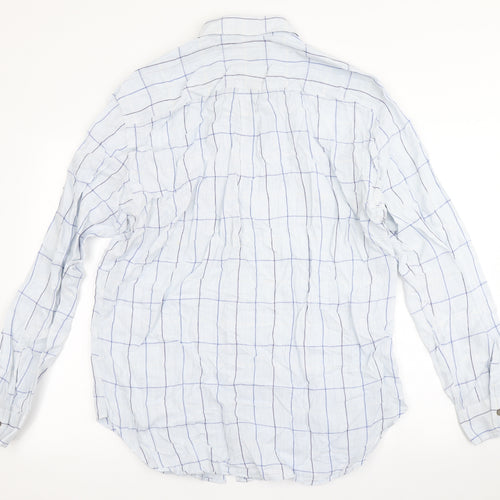 Corneliani Mens Blue Check Flax  Button-Up Size L Round Neck Button