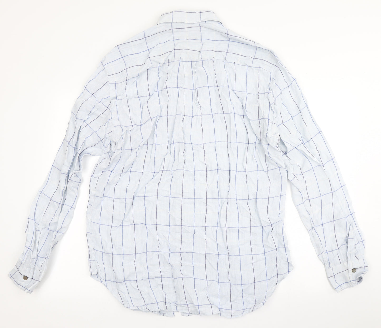 Corneliani Mens Blue Check Flax  Button-Up Size L Round Neck Button