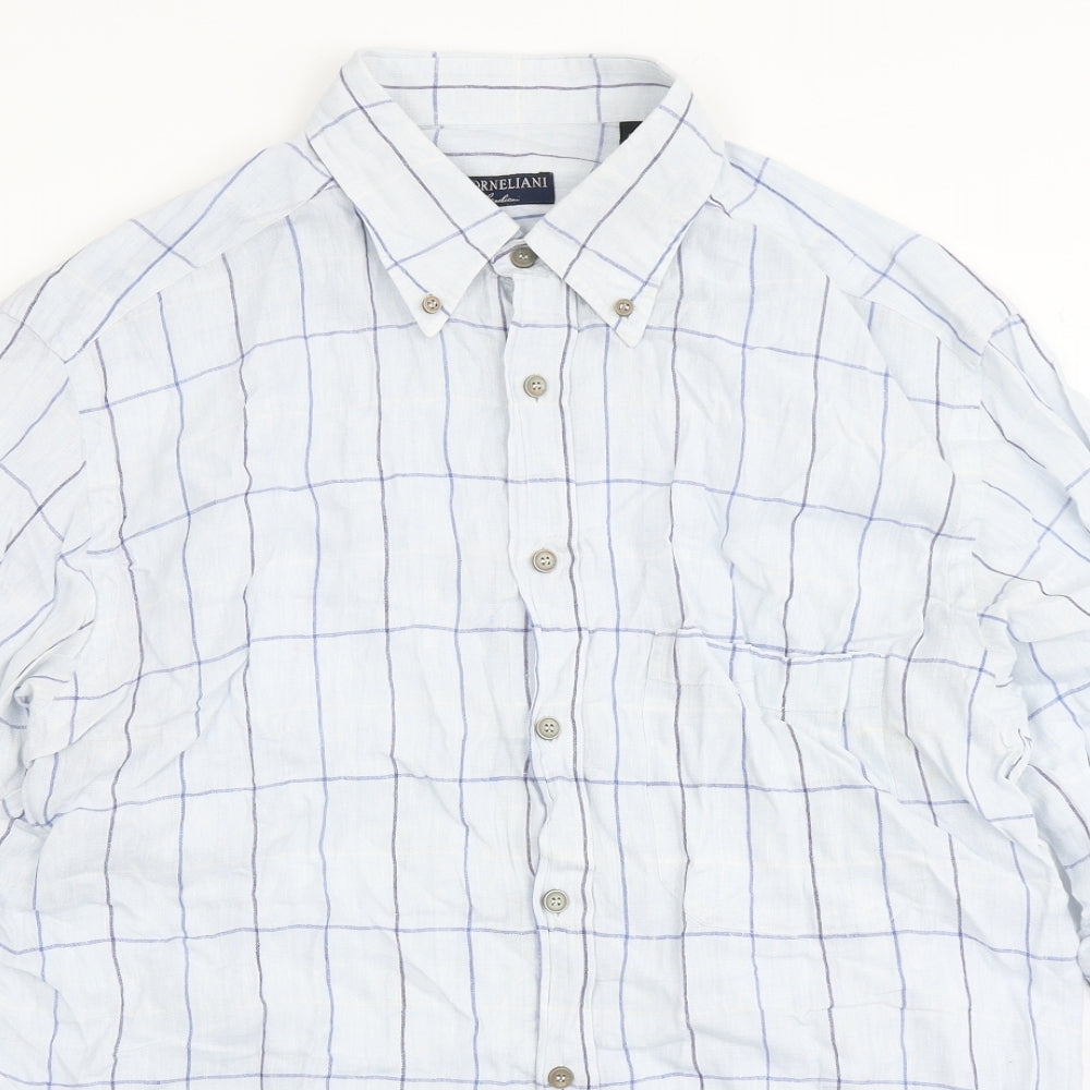 Corneliani Mens Blue Check Flax  Button-Up Size L Round Neck Button