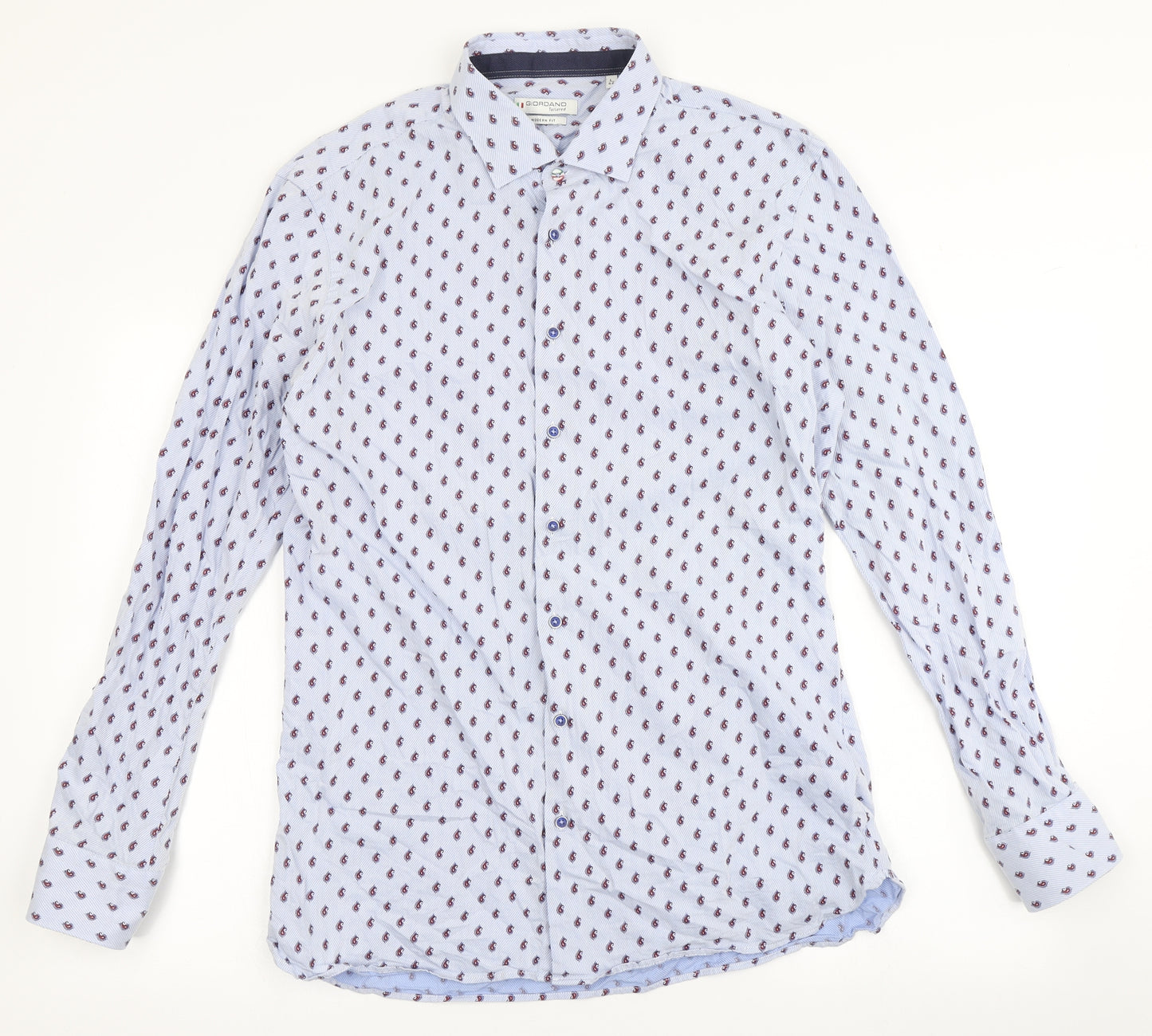 Giordano Mens Blue Paisley Polyester  Button-Up Size L Round Neck Button