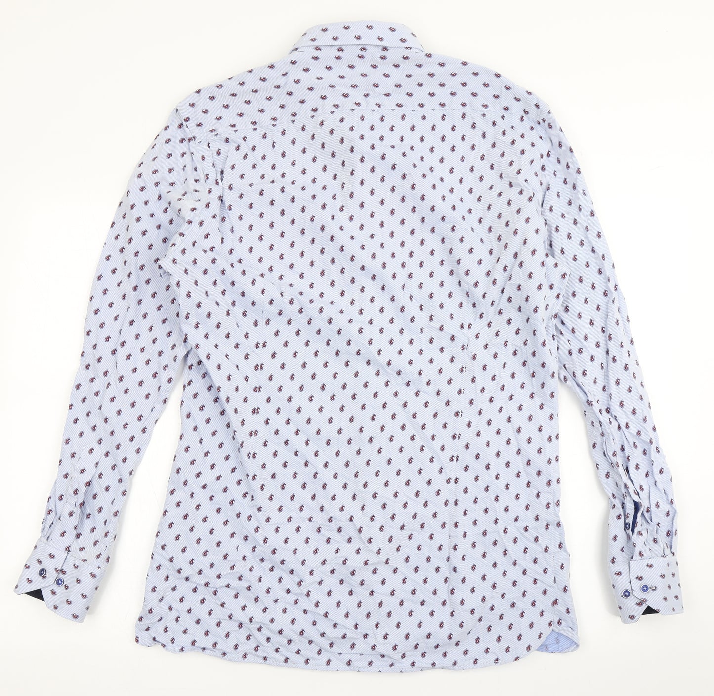 Giordano Mens Blue Paisley Polyester  Button-Up Size L Round Neck Button