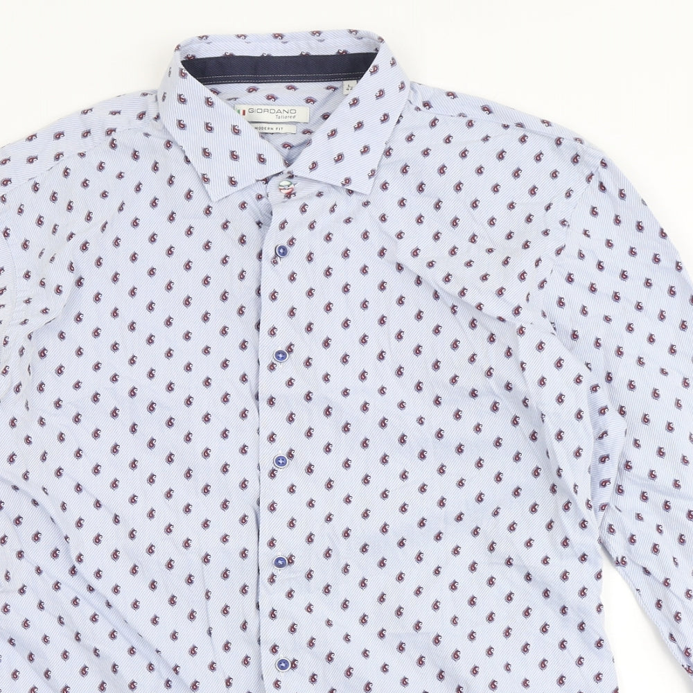 Giordano Mens Blue Paisley Polyester  Button-Up Size L Round Neck Button
