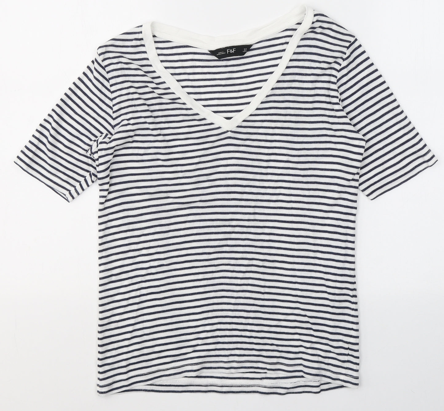 F&F Womens White Striped Lyocell Basic T-Shirt Size 8 V-Neck