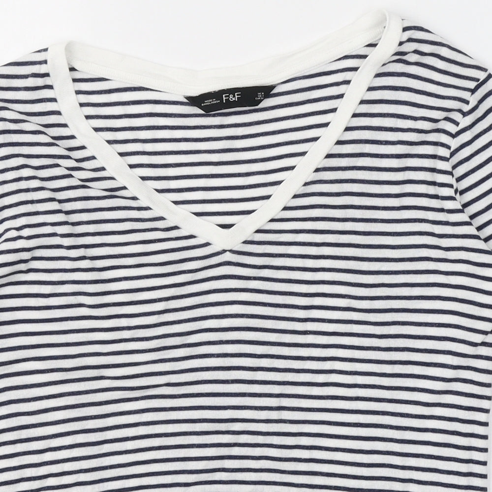 F&F Womens White Striped Lyocell Basic T-Shirt Size 8 V-Neck
