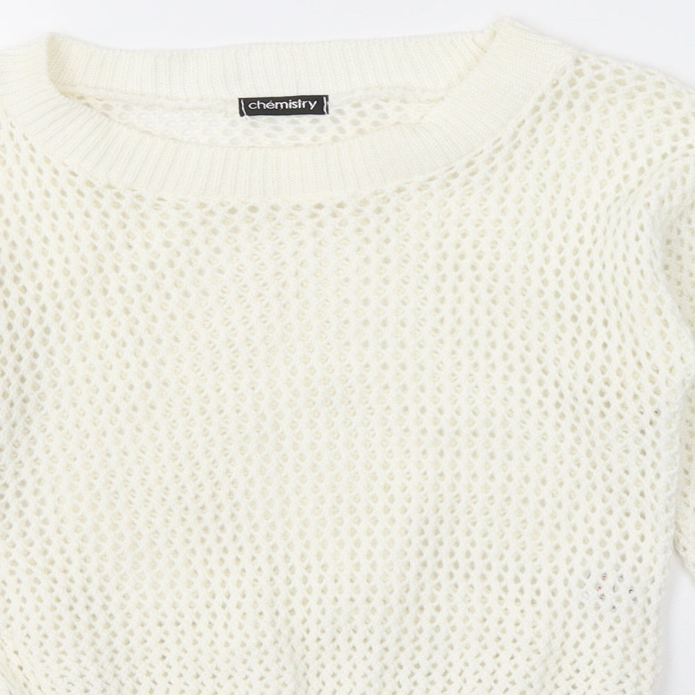 Chemistry Womens White Round Neck  Acrylic Pullover Jumper Size S