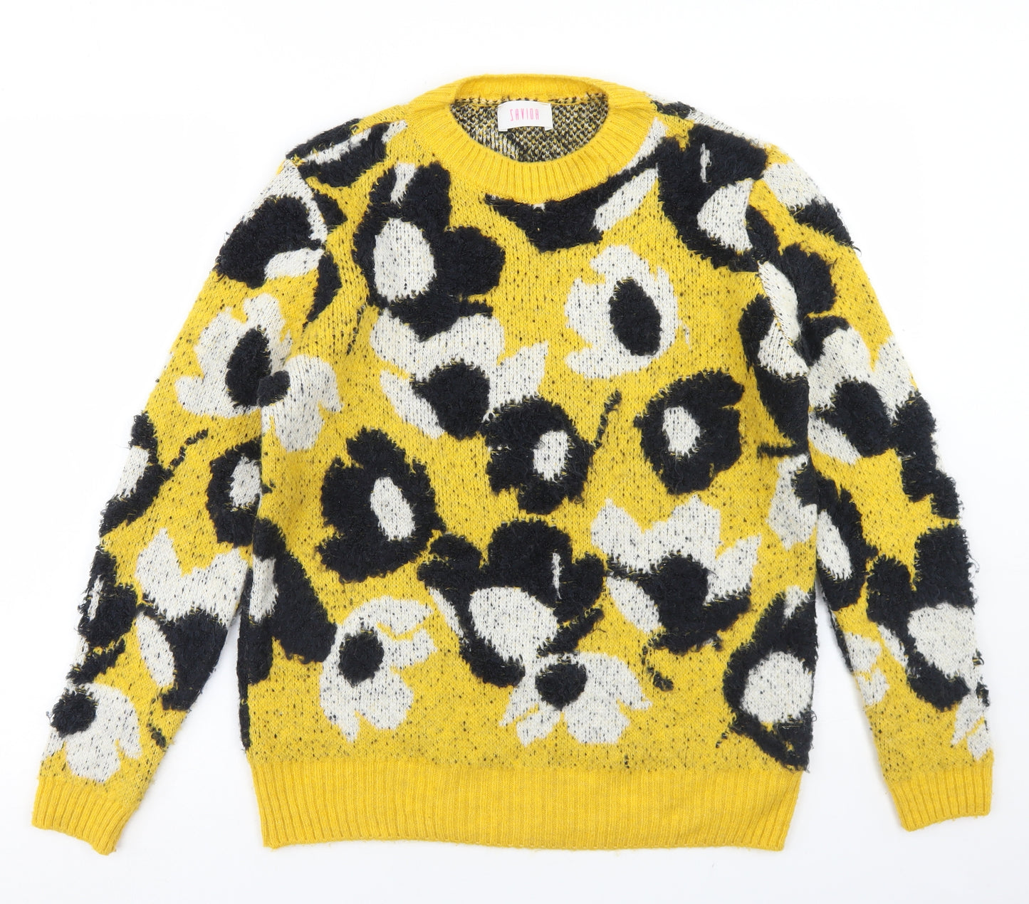 Savida Womens Yellow Crew Neck Floral Acrylic Pullover Jumper Size S