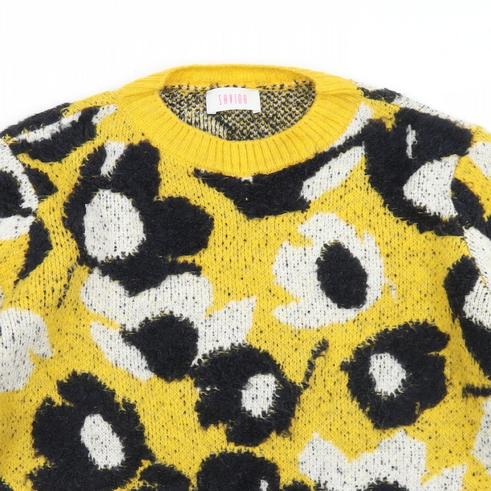 Savida Womens Yellow Crew Neck Floral Acrylic Pullover Jumper Size S