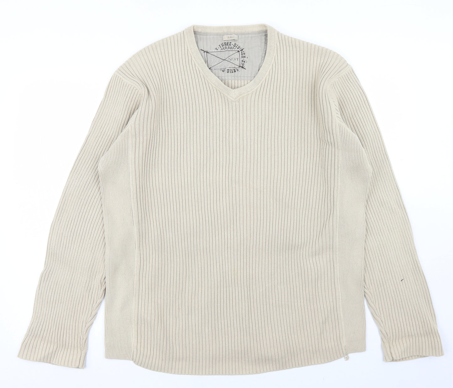 NEXT Mens Beige V-Neck  Cotton Pullover Jumper Size XL