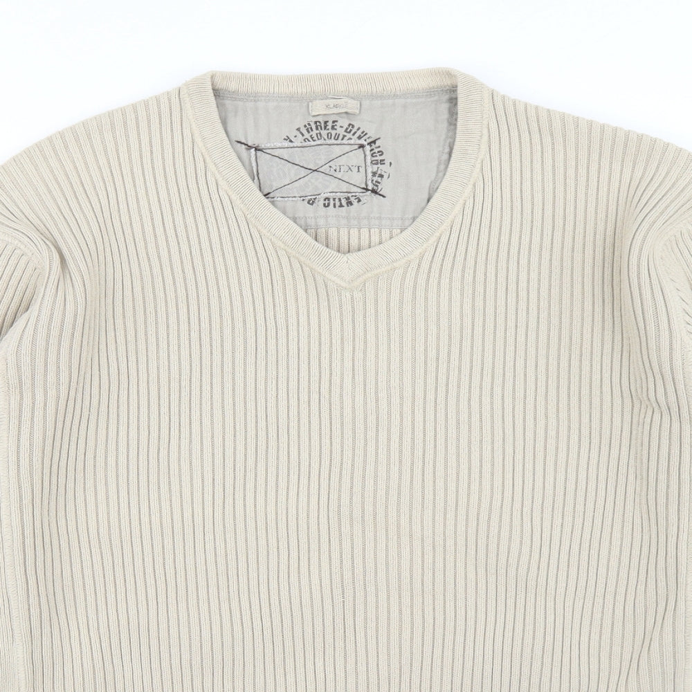 NEXT Mens Beige V-Neck  Cotton Pullover Jumper Size XL