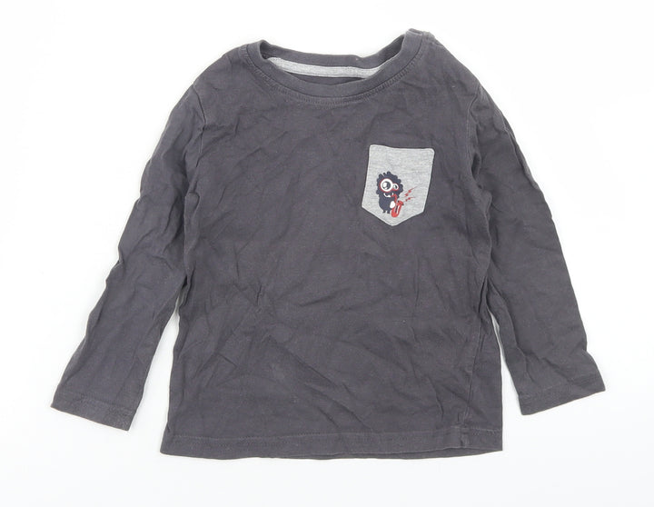 Lupilu Boys Grey Cotton Basic T-Shirt Size 12-18 Months Crew Neck Snap - Monster