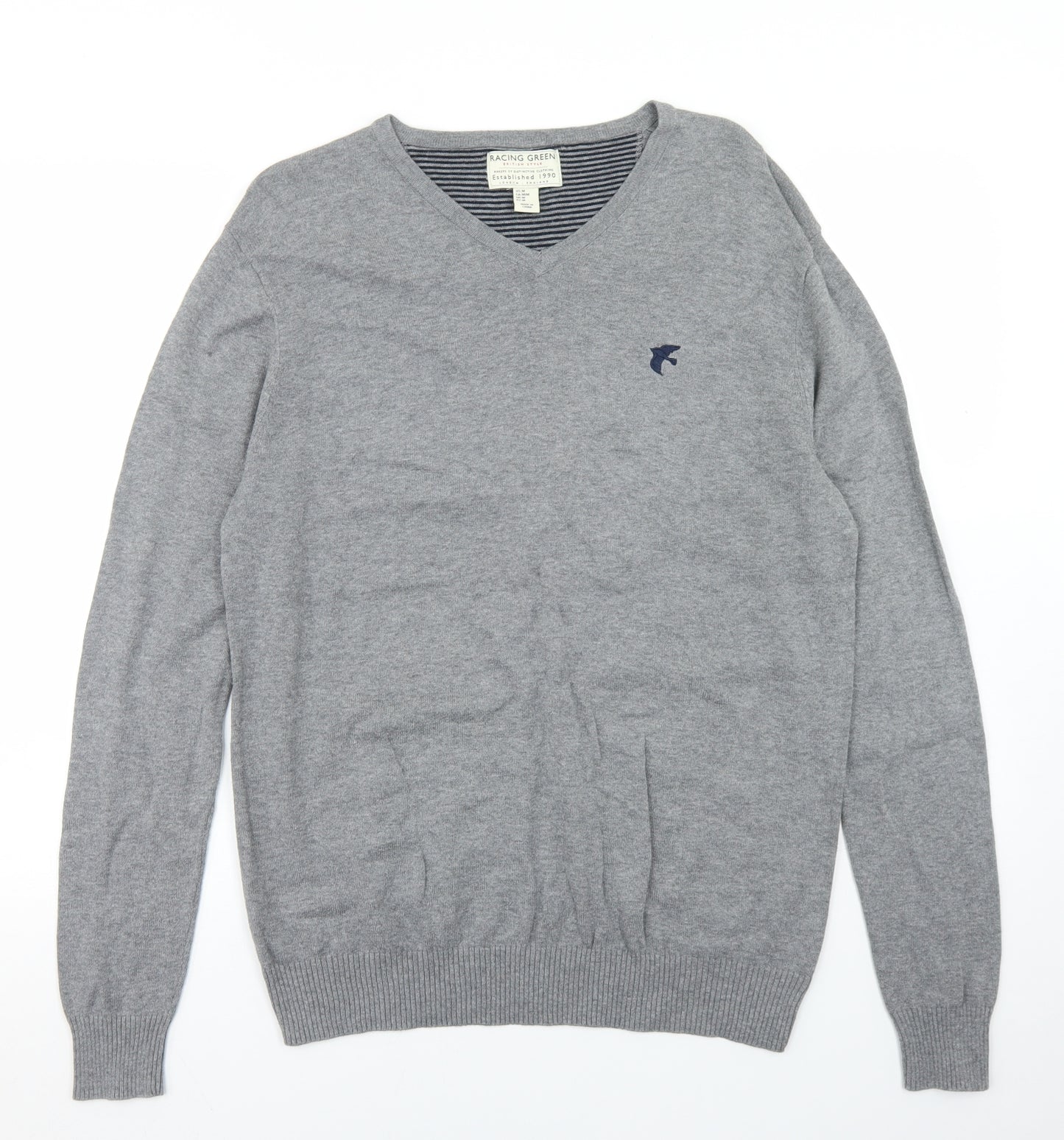 Racing Green Mens Grey V-Neck  Cotton Pullover Jumper Size M
