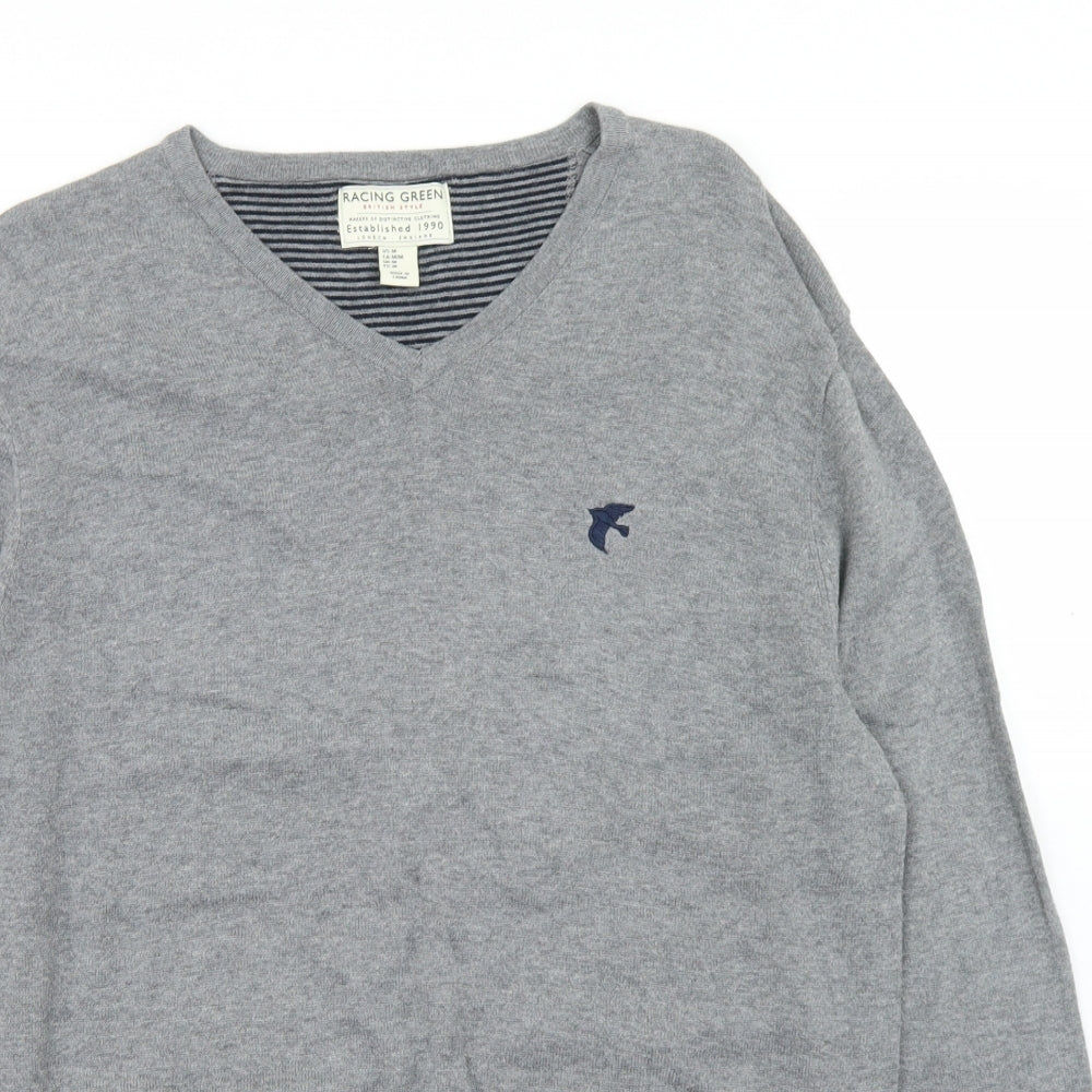 Racing Green Mens Grey V-Neck  Cotton Pullover Jumper Size M