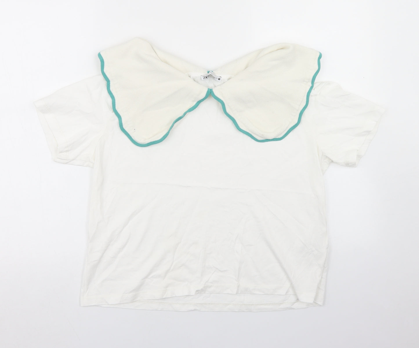 Zara Womens White  Cotton Basic T-Shirt Size L Collared