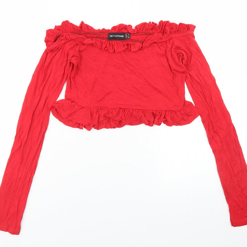 PRETTYLITTLETHING Womens Red  Viscose Cropped T-Shirt Size 8 Off the Shoulder